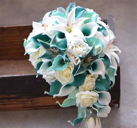 Teal Wedding Bouquets Real Touch Flowers Calla Lily Ivory Etsy