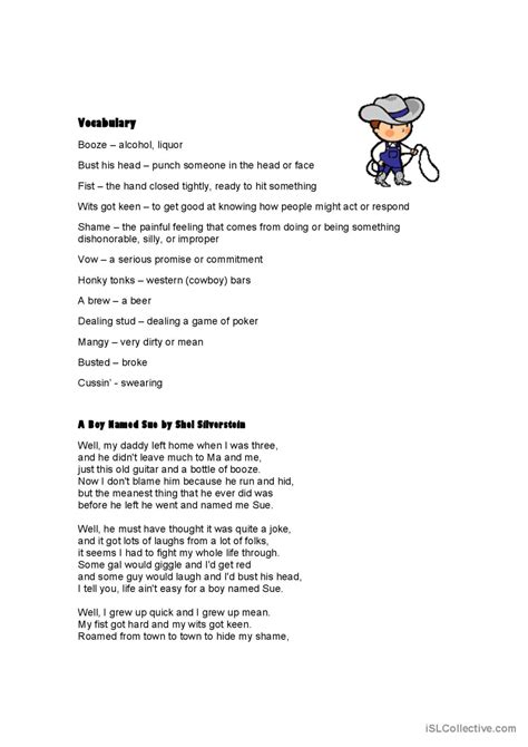 A Boy Named Sue song and nursery rhy…: English ESL worksheets pdf & doc