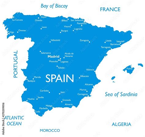 Vector Map Of Spain Outline Detailed Map With City Names Vector De