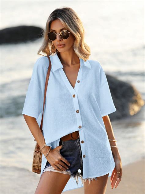 Shein Vcay Solid Drop Shoulder Button Front Shirt Shein Usa