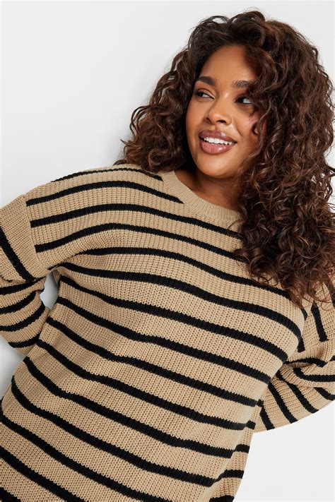 YOURS Plus Size Beige Brown Stripe Drop Shoulder Knitted Jumper Yours