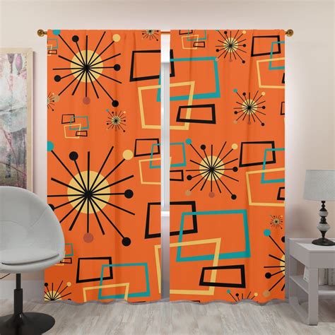 Mid Century Modern Orange Curtains Starburst Geometric Retro Window