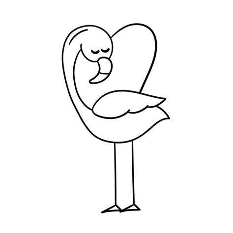 Cute Flamingo With Heart Shape Vector Illustration On White Outline