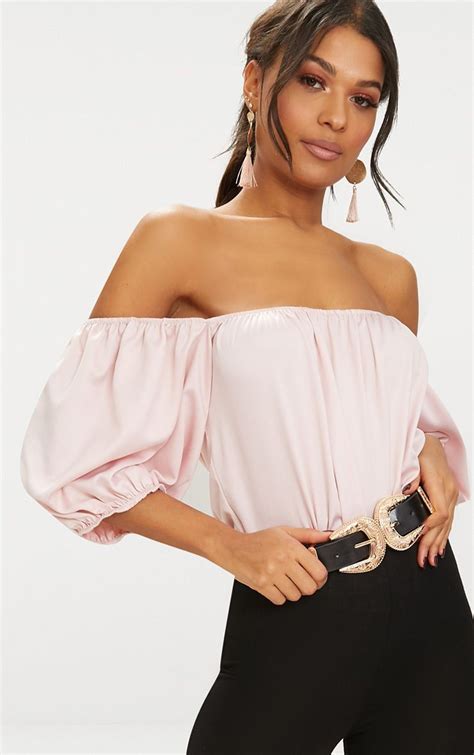 Body String Bardot Satin Rose P Le Manches Bouffantes Tops Body