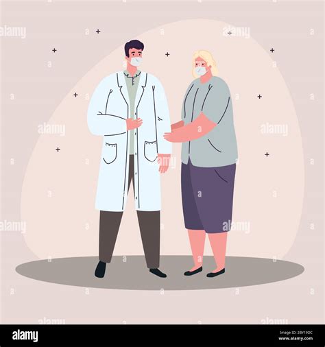 old woman and male doctor with mask vector design Stock Vector Image ...