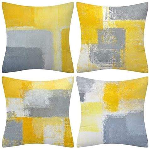 QUALKNOY Set Of 4 Cushion Covers 18 X18 Yellow And Grey Linen Modern