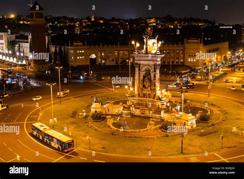 Night view of Plaza de Espana with Venetian towers. Barcelona Stock ...