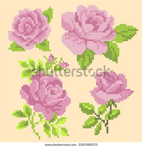 Cross Stitch Pink Roses Stock Vector Royalty Free