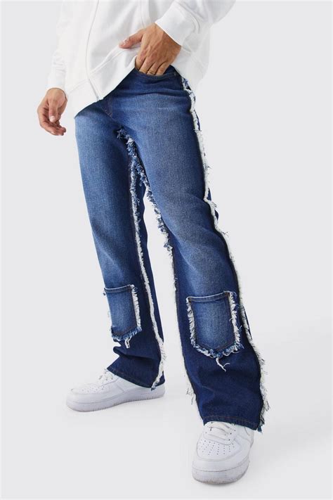 Relaxed Rigid Flare Frayed Seam Jeans Boohoo Uk