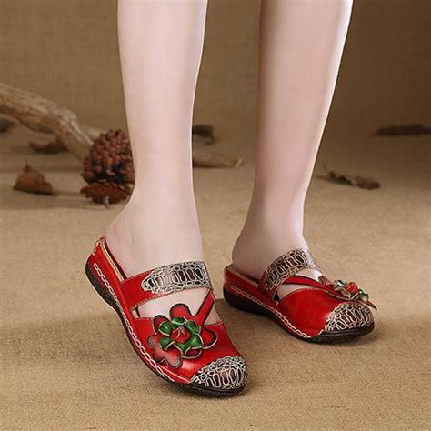 Johnature Genuine Leather Summer National Style Slippers Floral Outside