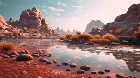 Premium AI Image | A landscape with mountains and a river in the desert.