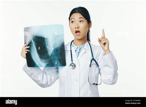 Female Doctor X Ray Health Diagnosis Hospital Light Background Stock