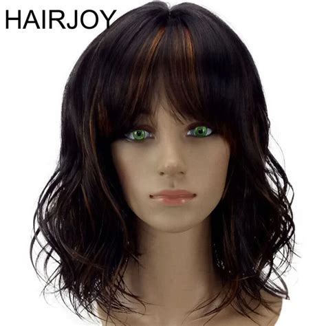 Hairjoy Women Synthetic Wig Loose Wave Medium Length Brown Ombre Hair Wigs With Bangs Heat