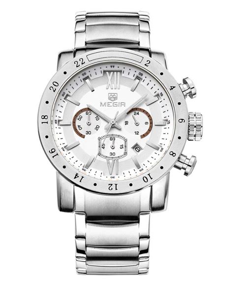 MEGIR 3008 Blanc Montre militaire à quartz avec bracelet en acier