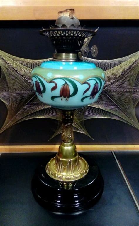 ANTIQUE ART NOUVEAU OIL LAMP HAND PAINTED ENAMEL GLASS Antique