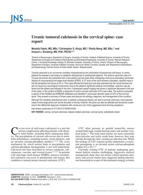 Pdf Uremic Tumoral Calcinosis In The Cervical Spine Case Report