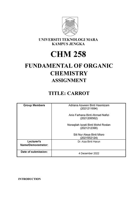 Carrot Assignment UNIVERSITI TEKNOLOGI MARA KAMPUS JENGKA CHM 258