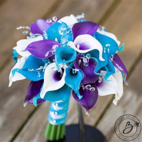 Purple And Turquoise Calla Lily Wedding Bouquet With Crystals The Bridal Flower Silk And