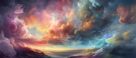 Premium AI Image | A painting of a landscape with a sky and clouds