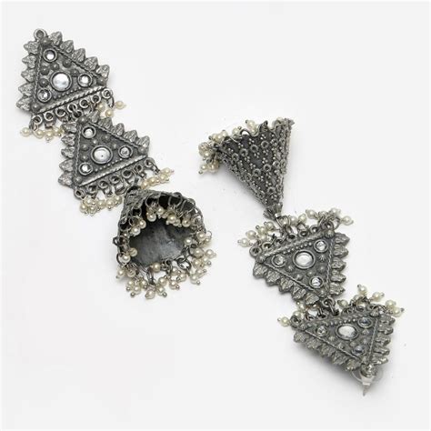 Buy Moedbuille Crystal Studded Antique Layered Design Oxidised Silver