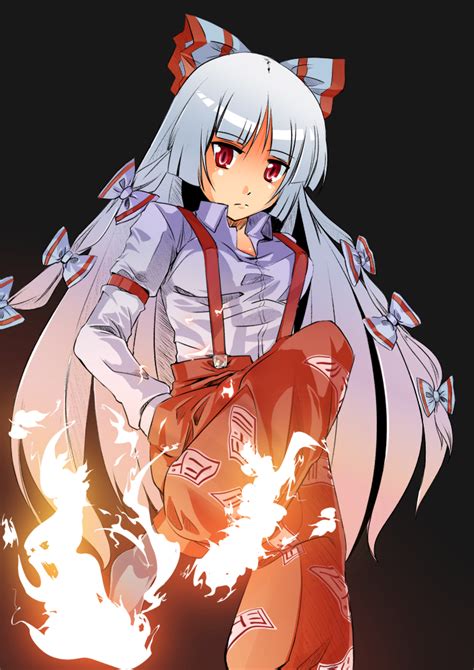 Safebooru Fire Fujiwara No Mokou Hair Bow Hair Ribbon Long Hair Red