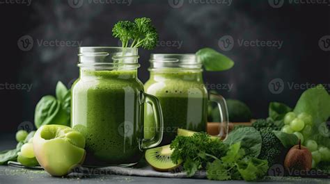 Glass Jar Mugs With Green Health Smoothie Kale Leaves Lime Apple