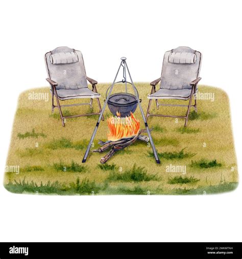 Camping Composition With Two Chairs And A Cooking Pot Over Campfire On