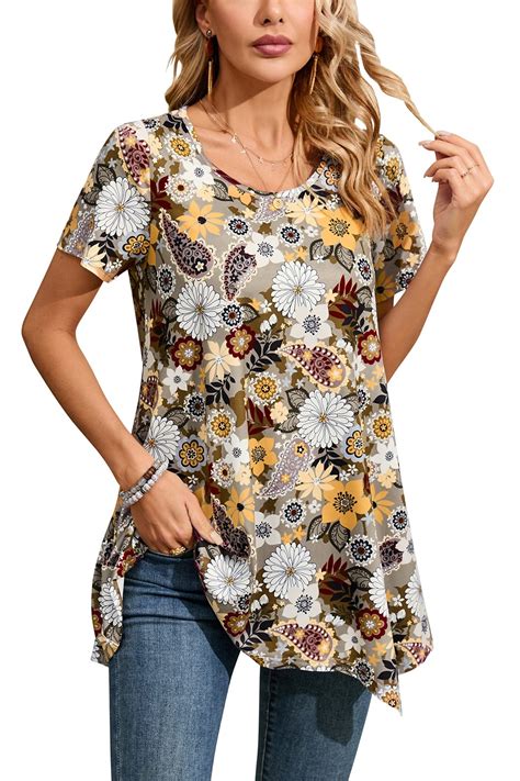 Sxaura Plus Size Tunic Tops For Women 2024 Womens Loose Fit V Neck Sunflower Print 34 Sleeve