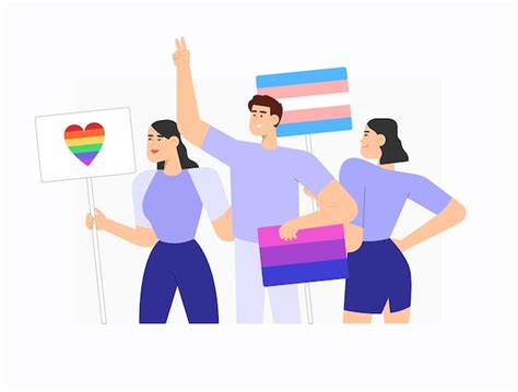 人々は、lgbtレインボーバイセクシャルフラグとトレンスジェンダーフラグが付いたバナーやプラカードを持っています プレミアムベクター