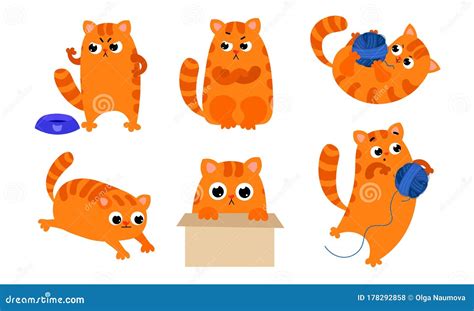 Set Of The Cute Ginger Cat With Different Emotions In Various Action