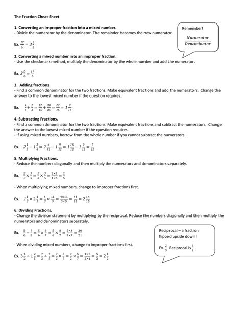 Fraction Cheat Sheet Download Printable Pdf Templateroller