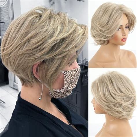 Amazon LEOSA Honey Blonde Pixie Cut Layered Wig With Bangs For