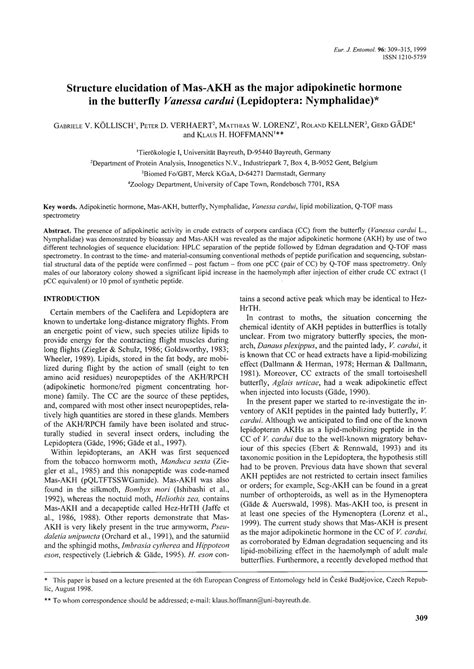 Structure Elucidation Of Mas Akh As The Major Adipokinetic Hormone In