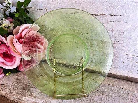 Vintage Uranium Glass Green Glass Plate 3 Leaf Clover Etching Vintage Green Glass Lunch Plate