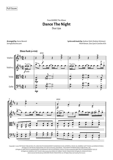 Dance The Night Arr Aaron Bennett By Dua Lipa Sheet Music For String Quartet At Sheet Music