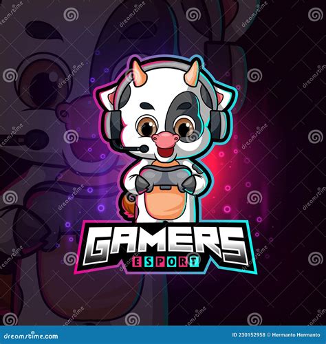 The Cute Gamer Cow Esport Logo Design Stock Vector Illustration Of