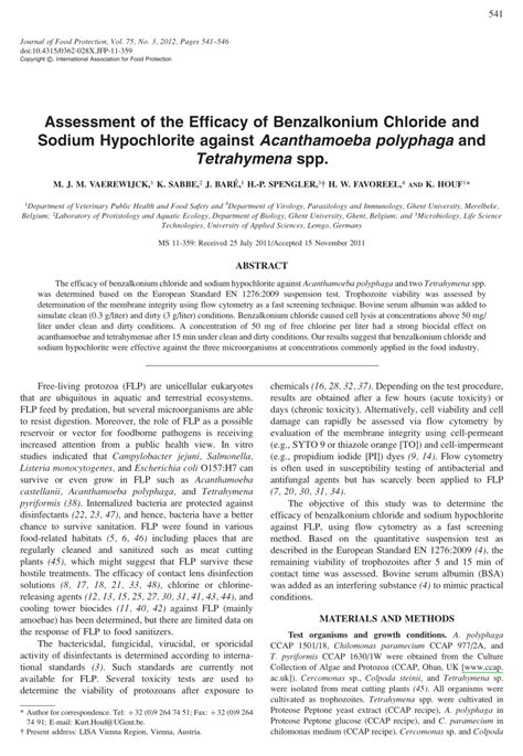 Pdf Assessment Of The Efficacy Of Benzalkonium Chloride And Sodium Hypochlorite Against