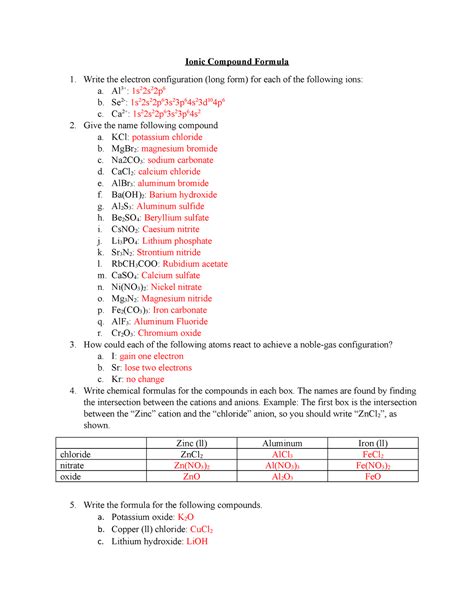 Ch 7 Ws Ionic Compound Formula Ionic Compound Formula Write The Electron Configuration Long