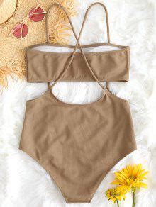 Bandeau Top And High Waisted Slip Bikini Bottoms In CAMEL ZAFUL 2024