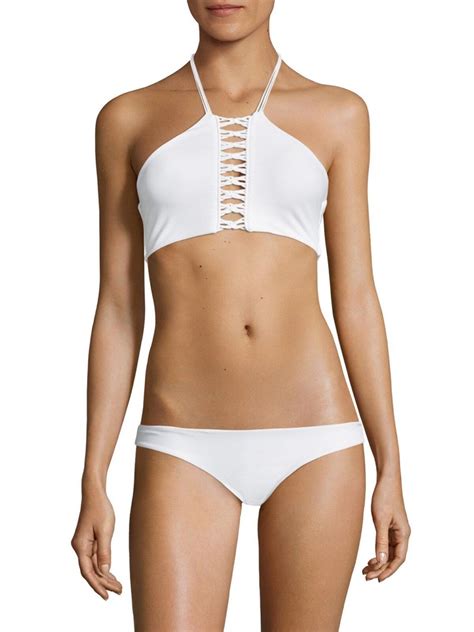 MIKOH SWIM FOAM WHITE WEST OZ HIGH NECK CROCHETED DETAIL HALTER BIKINI