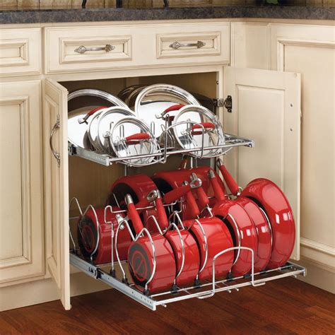 Two Tier Pots Pans And Lids Organizer For Kitchen Cabinet Heavy Duty