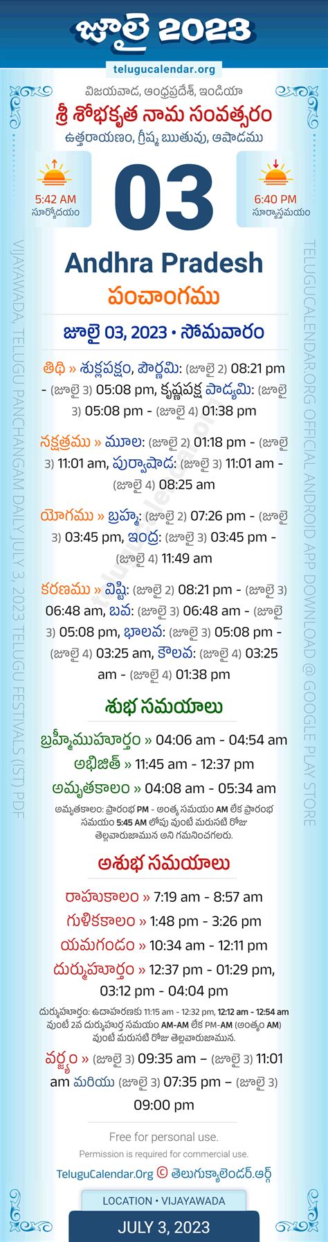 Andhra Pradesh July Telugu Panchangam