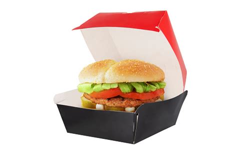 meat burger  blank red  black craft burger box isolated