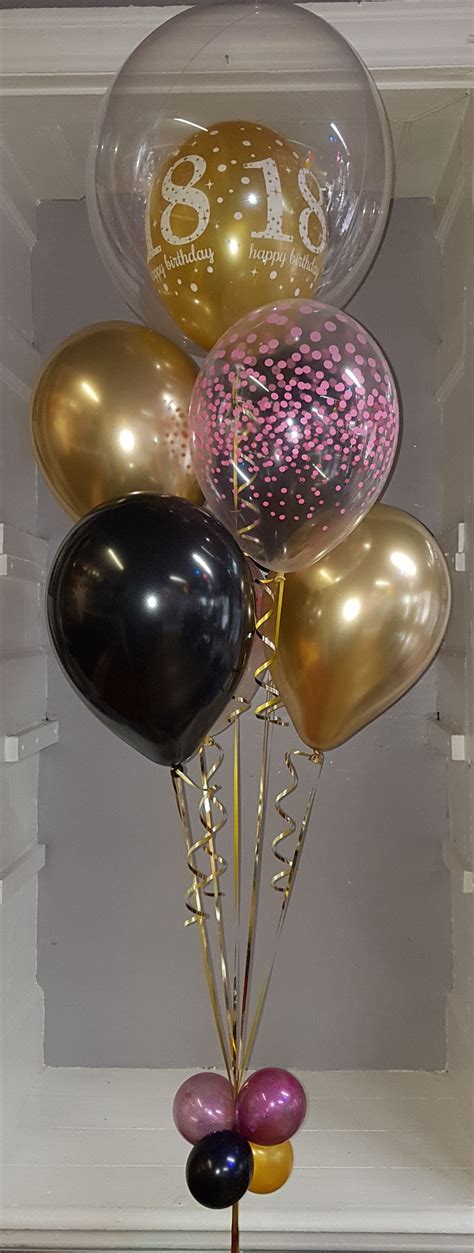 18th Birthday Balloon Arrangement Created With Black Gold And Pink