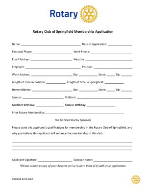 Fillable Online Rotary Club Of Springfield Membership Application Fax