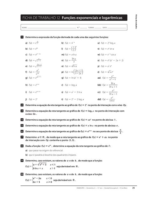 Ficha De Trabalho 12 12 Ano Funcoes Exponenciais E Logaritmicas