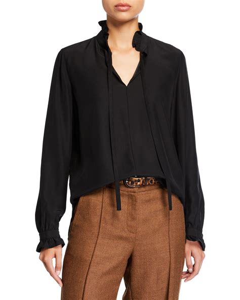 Lafayette 148 New York High Neck Long Sleeve Matte Silk Blouse With