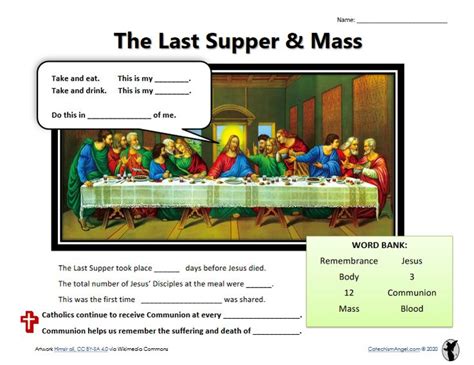 The Last Supper Worksheet Fill In Blanks Catechism Angel Free