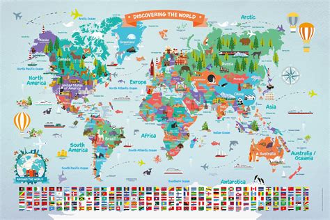 World Map Poster for Kids Large Educational World Map Illustrated Wall ...