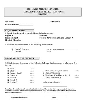 Fillable Online Drk Sd Bc Grade Course Selection Sheet Drk